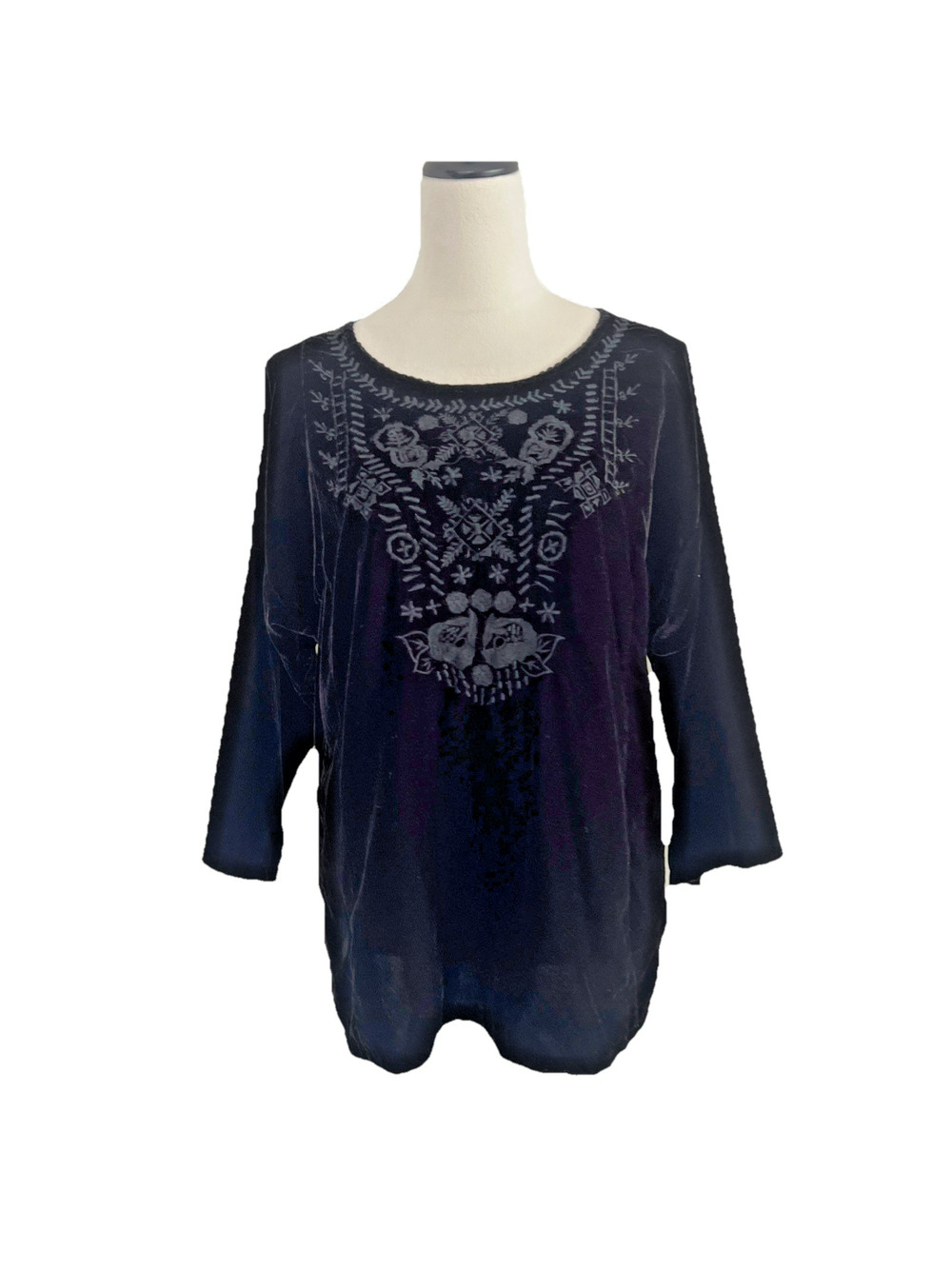 Kyla Seo Blouse Top Women Small Black Velvet Embroidered 3/4 Sleeves Whimsygoth